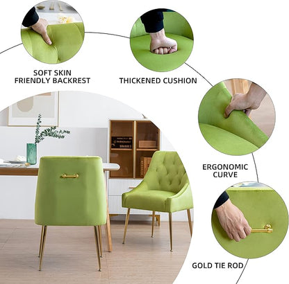 Modern Dining Chair Set of 2, Mid-Century Room Chair, Upholstered Comfortable Velvet with Back Pull Rod and Metal Legs for Kitchen, Living (Yellow-Green), (DYXSD)