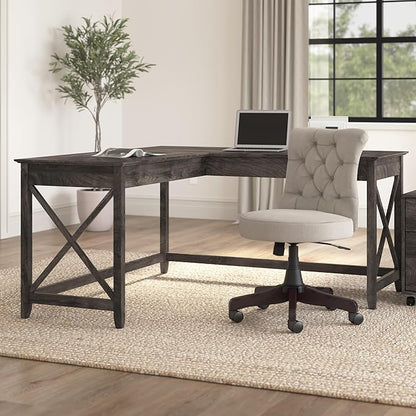 Bush Furniture Key West 60W Modern Farmhouse L Shaped Desk in Dark Gray Hickory, 60-Inch Corner Computer Table for Home Office Workspace