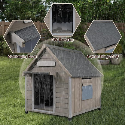 Outdoor Dog House Weatherproof, casa para Perros Wooden Medium-Large Breed with Anti-Chewing Iron Frame, Ventilated Window, Easy Clean and Assemble, 30.5" L x 37.4" W x39 H