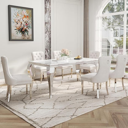 7-Piece Dining Table Set for 6, Faux Marble Dining Table Set with 70'' Marble Dinner Table and 6 Velvet Wing Back Chairs for Kitchen, Dining Room, White & Silver