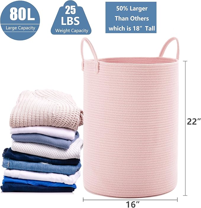 80L Extra Large Pink Hamper Laundry Basket for Baby Girls Tall Nursery Hamper for Kids Woven Rope Clothes Basket for Little Girls Room Bedroom Light Pink Kawaii Tall Laundry Bin