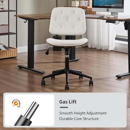 Small Home Office Chair - Armless Mid Back Desk Chair with 360° Swivel and Wheels, PU Upholstered Height Adjustable Modern Walnut Computer Chair for Home, Office Meeting Room - White