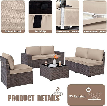 Kurapika 9 Pieces Patio Furniture Set, Rattan Wicker Sofa Set, Outdoor Conversation Sets w/Swivel Rocking Chairs Patio Sectional Sofa w/4 Inch Cushion, Sand