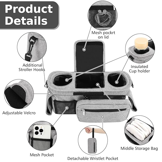 Accmor Universal Stroller Organizer with Insulated Cup Holder Detachable Phone Bag and Shoulder Strap,Stroller Bag Caddy Organizer Fits for Uppababy, Baby Jogger, Britax Strollers