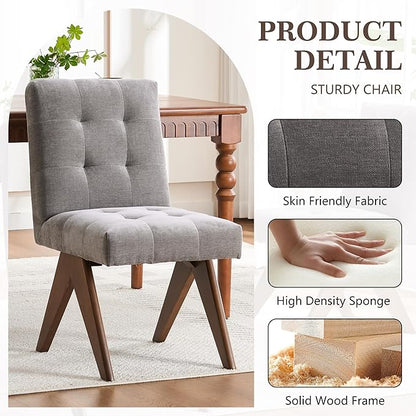 Rowill Modern Upholstered Dining Chairs Parsons Chair Linen Fabric Kitchen Chairs Tufted Armless Dining Room Chairs with Wood Legs Set of 2, Light Grey