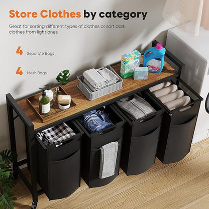 Sweetcrispy Laundry Hamper with 4 Pull-Out Removable Sorter Bags, Movable Wheels, Freestanding Clothes Basket Organizer in Bathroom, 4 × 10.6Gal (160L) Capacity, Rustic Brown and Black
