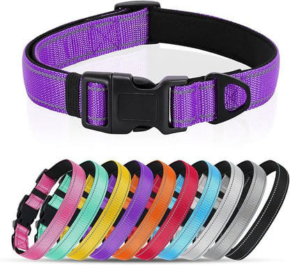 Reflective Dog Collar with Quick Release Buckle - Metal Ring - Adjustable Soft Neoprene Padded Basic Dog Collar for Small Medium Large Dogs (Purple, Medium :Width 1",Neck 13.8-19.6")