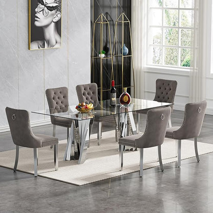 7 Piece Dining Table Set with 6 Grey Dining Chairs, Modern Glass Kitchen Table and Chairs Set for 6, 70" Rectangle Silver Glass Pedestal Dining Room Tables with Flash-Shape Stainless Steel Base