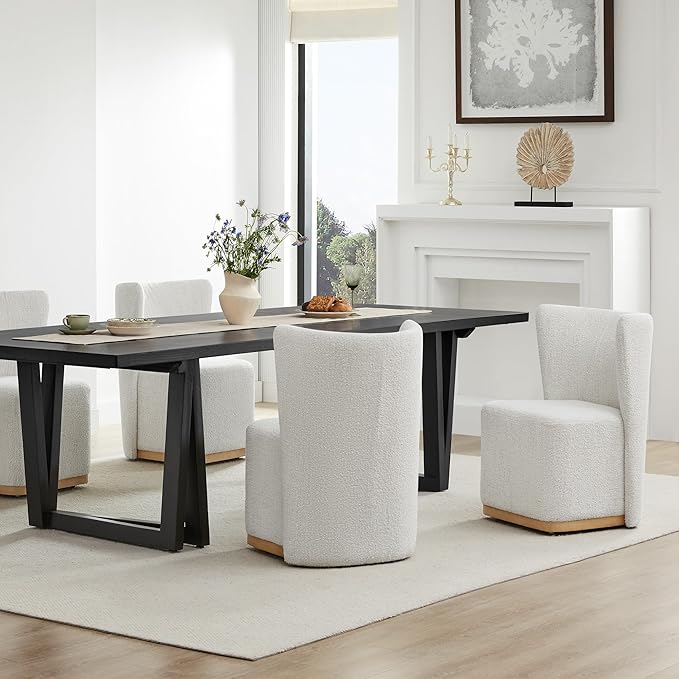 CHITA Upholstered Rolling Dining Chair on Casters Set of 4, FSC Certified Modern Curve Back Dining Chair with Casters, Boucle Dining Chairs for Reading Room Kitchen Dining Room, Pearl