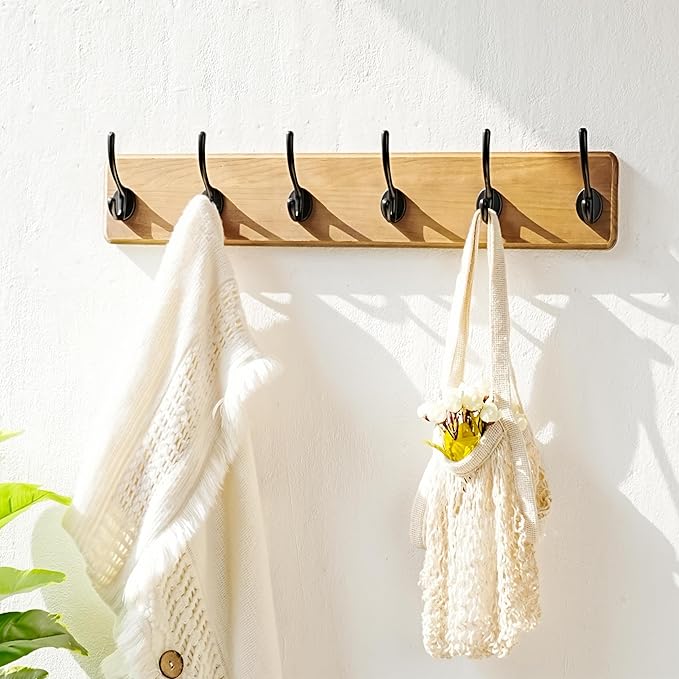 Dseap Coat Rack Wall Mount: 24" Long, Patented, Heavy-Duty, 6-Double-Hooks Wooden Hanger Hook Rail for Winter Coats Hat Jacket Clothing, Weathered Brown