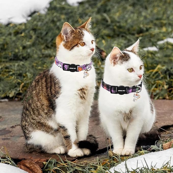 ARING PET 2 Pack Cat Collars-Cute Cat Collar Breakaway with Bell & Pendant, Adjustable Purple Halloween Kitten Collars with Safety Buckle for Girl and Boy Cats