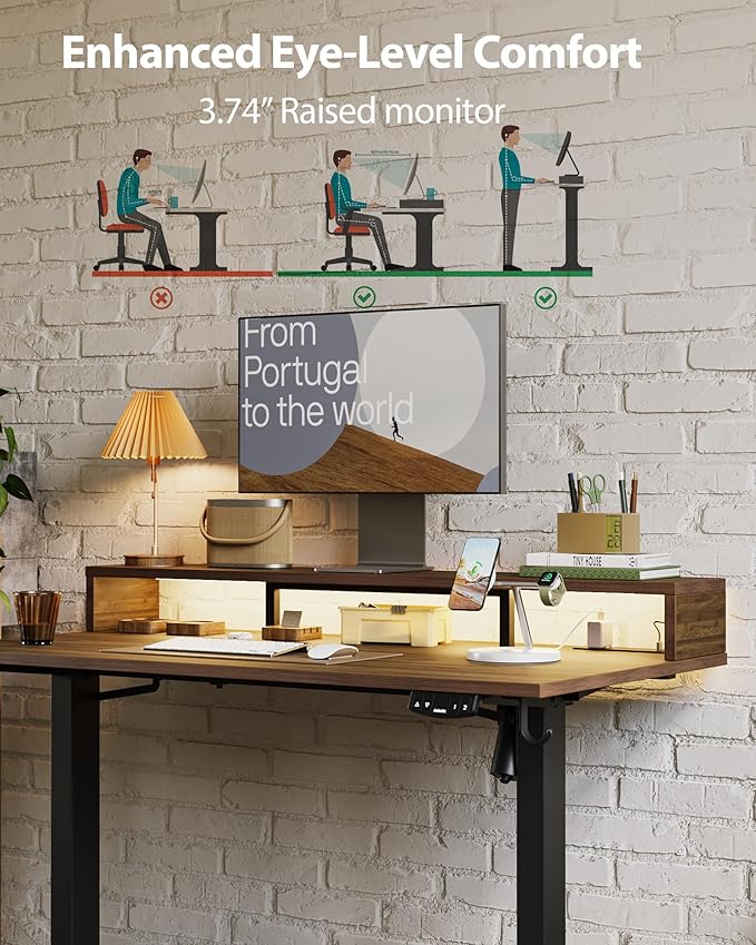 Electric Height Adjustable Standing Desk with Power Outlet and LED Light Strip, Sit to Stand, Ergonomic 48x24 Rising Desk with Memory Presets, Home Office Workstation, Computer Gaming Table, Walnut