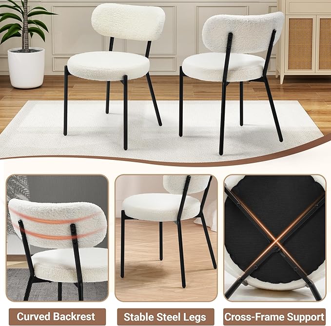 Dining Chairs Set of 2 pcs, Boucle Comfortable Upholstered Seat Fabric with Curved Backrest, Mid Century Modern Contemporary Scandinavian Designer Chairs Ideal for Dining Room, Kitchen, White