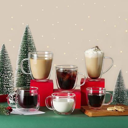 CNGLASS 8oz Double Wall Glass Coffee Mugs,Clear Insulated Espresso Glass Mugs with Handle for Latte,Cappuccino,Coffee,Set of 4