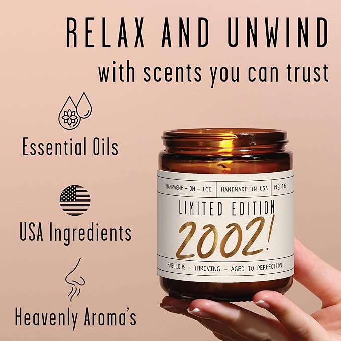 23rd Birthday Gifts for Women - 'Limited Edition 2002' Soy Candle, w/Champagne on Ice I 23 Birthday Gifts for Women I 23th Gift for Her Ideas I 9oz Reusable Jar, 50Hr Burn, Made in USA
