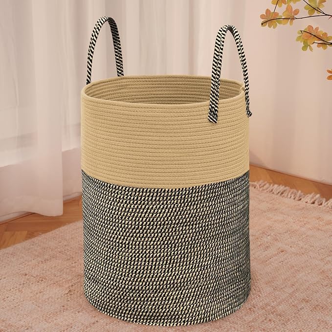 Large Woven Laundry Basket Hamper,60L Cotton Rope Storage Bin for Blankets,Toys and Clothes,Decorative Tall Nursery Hamper for Living Room,Baby Nursery,Bathroom and Bedroom,Brown and Black