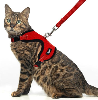 PUPTECK Cat Harness and Leash Set Escape Proof, Reflective Adjustable Soft Mesh Kitten Vest Harness for Walking Travel, Red, M