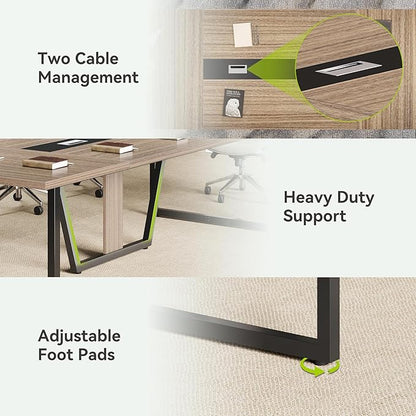 LITTLE TREE 8FT Conference Table for 10 People, Large Meeting Table, Modern Wooden Conference Room Table with Cable Management, Business Training Table with Strong Metal Legs for Office, Maple Color