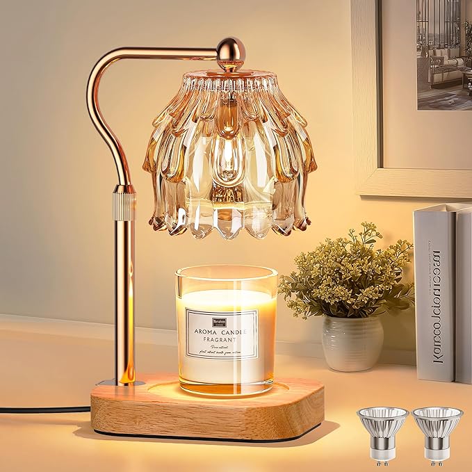 Candle Warmer Lamp with Timer Dimmer, Modern Wax Warmer for Scented Wax Jar Candle Warmer with 2 Bulbs, Adjustable Height Glass Lamp for Gifts for Women, House Warming Gifts, Home Decor, Gold Amber