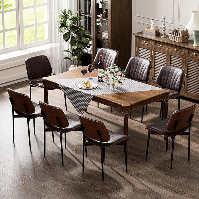 Dining Chairs Set of 8, Dining Room and Kitchen Chairs, Mid Century Modern Accent Chair, Upholstered PU Leather Chairs for Vanity with Walnut Bentwood and Metal Legs, Brown