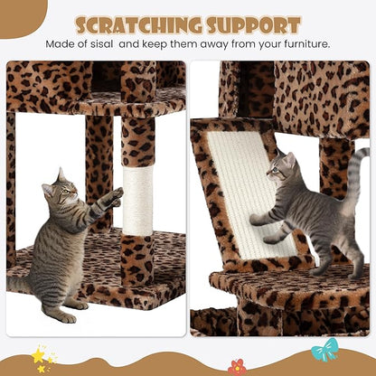 SHA CERLIN 81in Multi-Level Tall Cat Tree Tower for Indoor Kitties/Larger Cat Condo Furniture with Hammock/Cozy Pussycat Perches/Sisal Scratching Posts/Pet House/Wide Base/Leopard Print