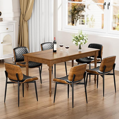 Dining Chairs Set of 6, FSC Certified Mid Century Modern Accent Dining Room and Kitchen Chairs, Upholstered PU Leather Diamond Check Chairs with Walnut Bentwood and Metal Legs, Black