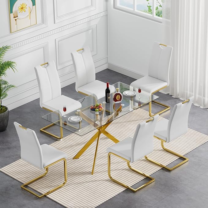 51'' Gold Glass Dining Table Set for 6,7 Piece Kitchen Table and Chairs Set with Metal Legs and 6 PU Leather Dining Chairs for Kitchen Room Small Spaces