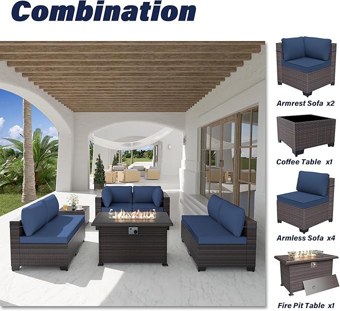 Kurapika 8 Pieces Patio Furniture Set, Rattan Wicker Outdoor Conversation Sets w/43in Propane Fire Pit Table and 4 Inch Cushion(Navy Blue)