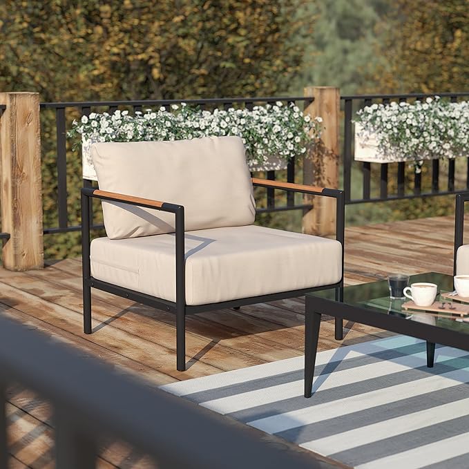 Flash Furniture Lea Indoor/Outdoor Patio Chair with Cushions - Modern Aluminum Framed Chair with Teak Accented Arms, Black with Beige Cushions