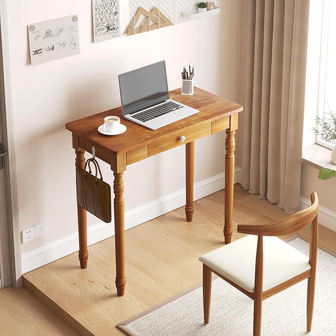 32 Inch Mid Century Modern Desk - Rubber Wood Desk with Drawers, Vintage Narrow Desks with 2 Hooks, Small Writing Desks for Small Spaces, Bedroom, Living Room & Office, Walnut Color