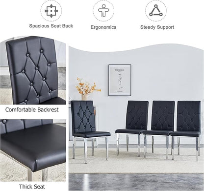 Modern Dining Table Set for 4,Dining Room Table Set for 4,Kitchen Table Set with 4 PU Leather Chairs,63'' Glass Dining Table Set with Silver U-Shaped Table Legs and Rectangular Base