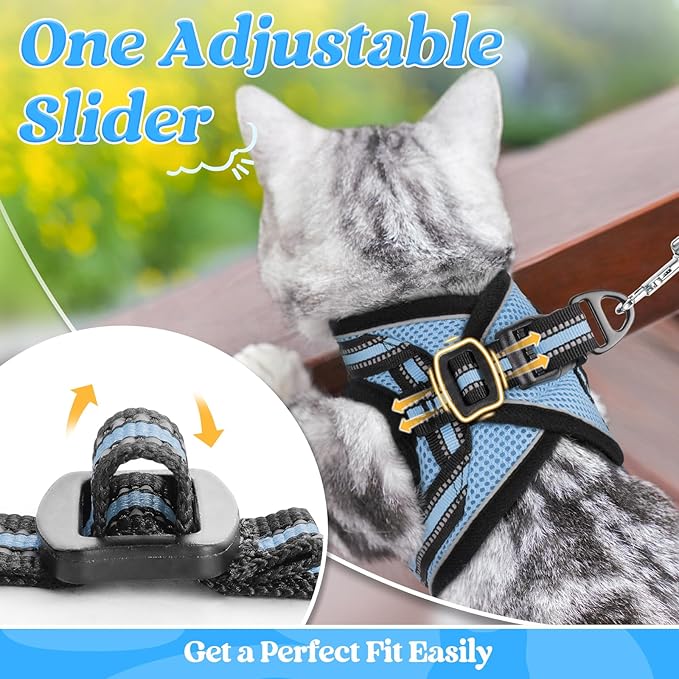 rabbitgoo Cat Harness and Leash Set for Walking Escape Proof, Adjustable Soft Kittens Vest with Reflective Strip for Cats, Comfortable Outdoor Vest, Light Blue, L