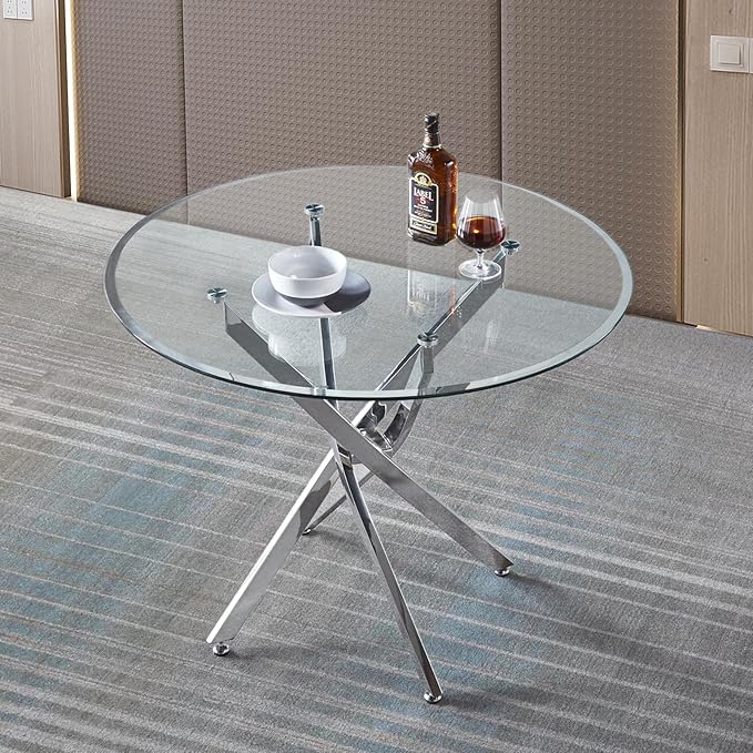 Goujxcy 3 Piece Round Glass Dining Table Set for 2, 36" Round Dining Table & Chair Set Modern Circle Glass Kitchen Table and 2 Velvet Upholstered Chairs for Kitchen Dining (Silver Table & Grey Chair)