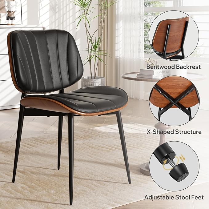 Dining Chairs Set of 2, Mid Century Modern Dining Room Chair, Upholstered Faux Leather Kitchen Chairs with Walnut Bentwood Back and Metal Legs for Kitchen Dining Room Living Room, Black