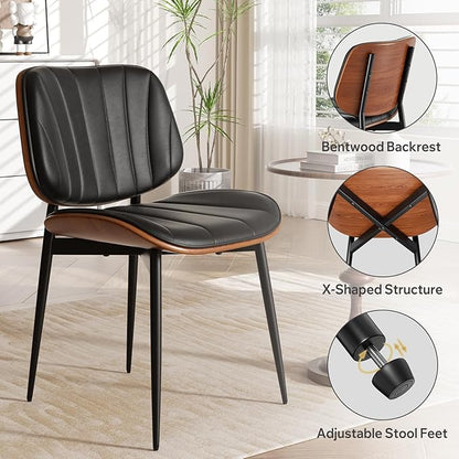 Dining Chair, Mid Century Modern Dining Room Chairs, Upholstered Faux Leather Kitchen Chairs with Walnut Bentwood Back and Metal Legs for Kitchen Dining Room Living Room, Black