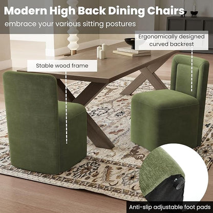 Green Upholstered Dining Chairs Set of 2, Armless Modern Chenille Dining Chairs with High Back, Kitchen Chair for Dining Room/Restaurant/Living Room