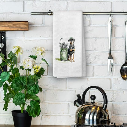 Golf Dog Kitchen Towels - Doberman Pinscher Dish Towels, Sports Gifts, Pet Golf Club Decorative Absorbent Dishcloths Hand Towels for Kitchen Gym Spa Decor 16x24 Inches