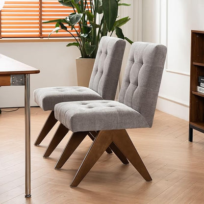 Rowill Modern Upholstered Dining Chairs Parsons Chair Linen Fabric Kitchen Chairs Tufted Armless Dining Room Chairs with Wood Legs Set of 2, Light Grey