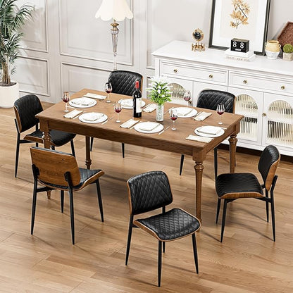 Dining Chairs Set of 6, FSC Certified Mid Century Modern Accent Dining Room and Kitchen Chairs, Upholstered PU Leather Diamond Check Chairs with Walnut Bentwood and Metal Legs, Black