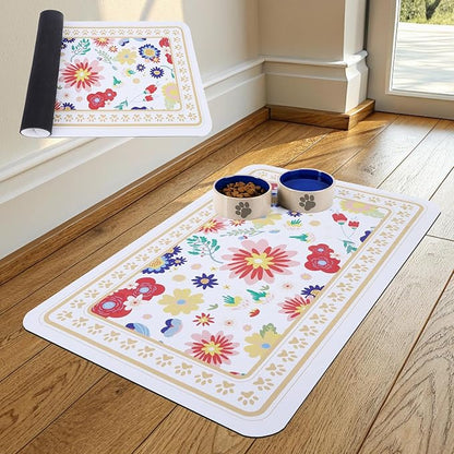 KOOLTAIL Dog Food Mat, 2 Pack Absorbent Pet Feeding Mat for Food and Water Bowls, Placement Pad for Floors with Waterproof Rubber Backing, Quick Dry Water Dispenser Mat for Dogs Cats, Flower, 12"x20"