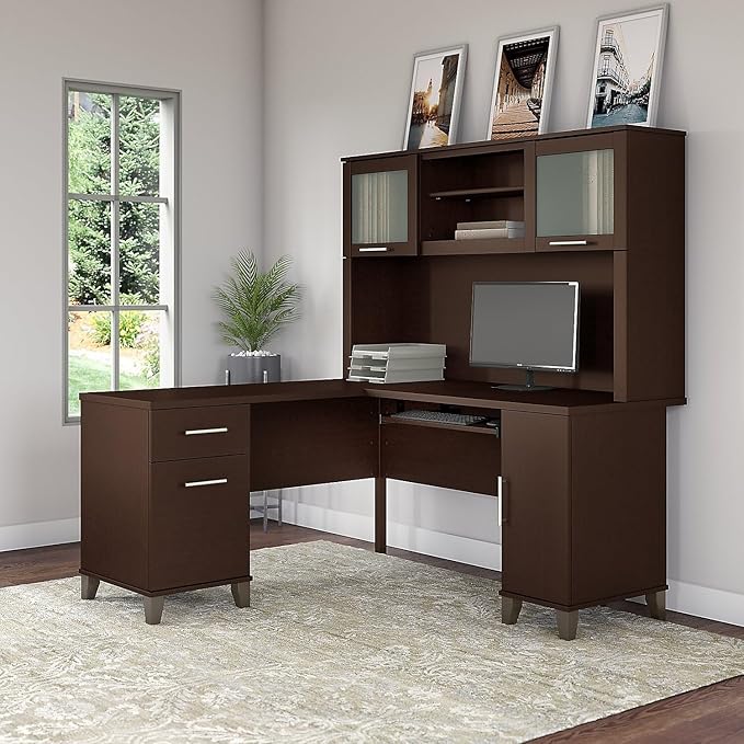 Bush Furniture Somerset 60W L Shaped Desk with Hutch in Mocha Cherry