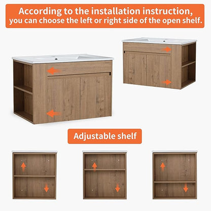 Goujxcy 30" Wall Mounted Bathroom Vanity with Sink, Modern Floating Bathroom Cabinet with White Ceramic Basin and Storage Cabinet/Shelf, Soft-Closing Door Wood Hanging Bath Room Cabinets