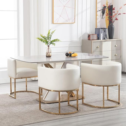 Faux Leather Dining Chairs Set of 2 Modern Barrel Arm Chairs with Golden Metal Frame, Upholstered Kitchen Chairs 18.5" Wide Accent Chairs for Living Room Dining Room Restaurant, White