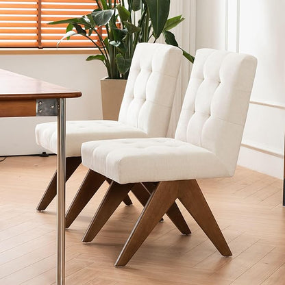 Rowill Modern Upholstered Dining Chairs Parsons Chair Linen Fabric Kitchen Chairs Tufted Armless Dining Room Chairs with Wood Legs Set of 6, Beige