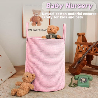 Large Woven Laundry Basket Hamper,60L Cotton Rope Storage Bin for Blankets,Toys and Clothes,Decorative Tall Nursery Hamper for Living Room,Baby Nursery,Bathroom and Bedroom,Pink