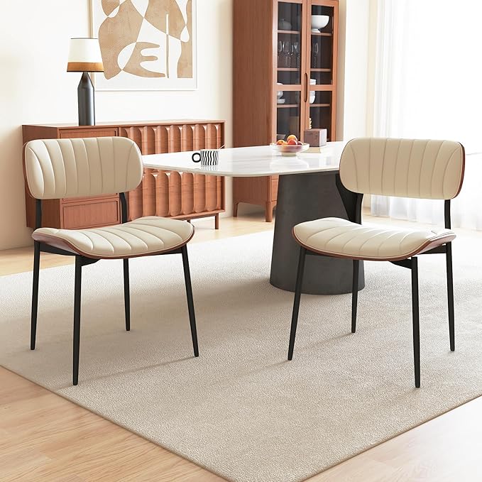 Modern PU Leather Dining Room Chairs Set of 6, Upholstered Kitchen Chairs with Curved Wood Backrest and Metal Legs Adjustable Feet for Kitchen Dining Room(Beige)