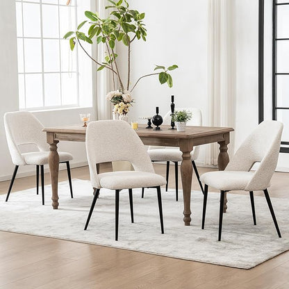 Rowill Dining Chairs Set of 4 Upholstered Dining Room Chairs Mid Century Modern Dining Chairs Kitchen Chairs Accent Chair with Metal Legs for Living Room Bedroom, Boucle Fabric Beige