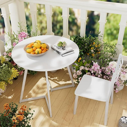 VECELO Small Round Dining Table Set for 2, Wood Tabletop with Strong Metal Frame, Modern Dinette with Chairs for Kitchen, Breakfast Nook Living Room, Pure White