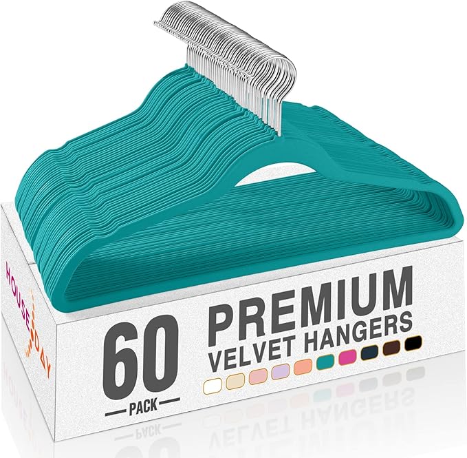 HOUSE DAY Mint Green Velvet Hangers 60 Pack, Non Slip Clothes Felt Hanger Heavy Duty for Coat, Premium Slim Space Saving Suit Hangers for Closet Organizer, 360° Rotating Silver Hook