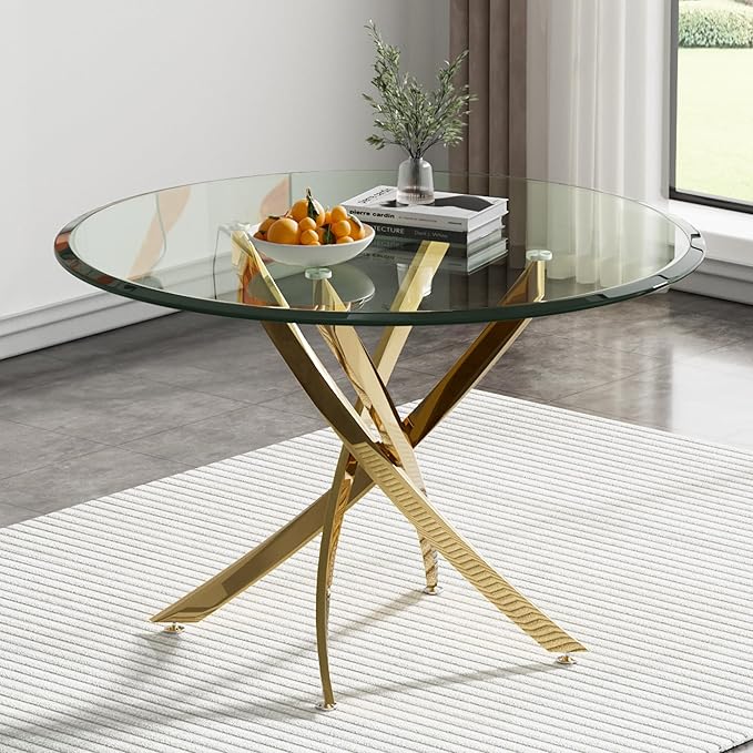 36-Inch Round Dining Room Table for 2-4, Modern Small Gold Glass Circle Kitchen Dining Table with Cross-Shape Stainless Steel Legs for Apartment Kitchen Dining Room